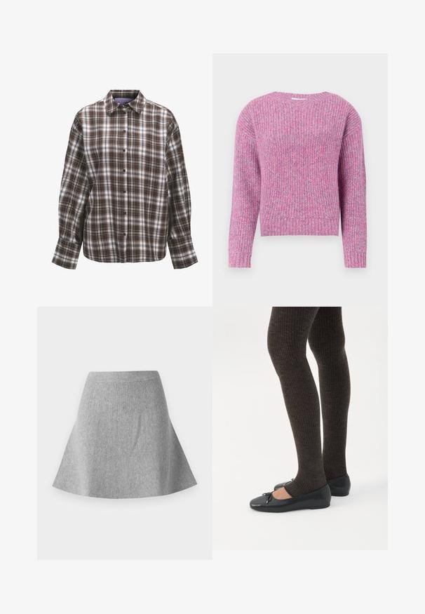 Sweater med lange ærmer strikket i en blanding af pink og lavendel garn med ribbet krave, manchetter og kant.; Langærmet skjorte med knapper, brun, sort og hvid ternet mønster og klassisk krave på hvid baggrund.; Grå, strikket sømdnederdel med en tekstureret finish. Har en taljeing og en glat silhuet, der smalner ind mod kanten.; Ben iført mørke ribbede leggings kombineret med sorte balletsko med små sløjfedetaljer på hvid baggrund.