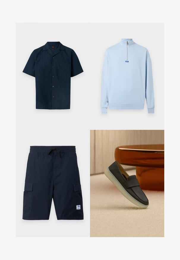 Pull-over à manches longues bleu clair avec un col montant et une fermeture éclair à moitié sur le devant, arborant un petit logo bleu "HUGO" en dessous de la fermeture éclair.; Chemise homme bleu marine à manches courtes avec boutons, rayures verticales subtiles et une poche poitrine.; Shorts cargo bleu marine avec taille élastique, cordon noir, poches à rabat de chaque côté, et petite étiquette de marque blanche sur la poche droite.; Mocassin en cuir noir avec une semelle blanche épaisse, présenté sur un tapis beige à côté d'une table ronde de couleur ambre.