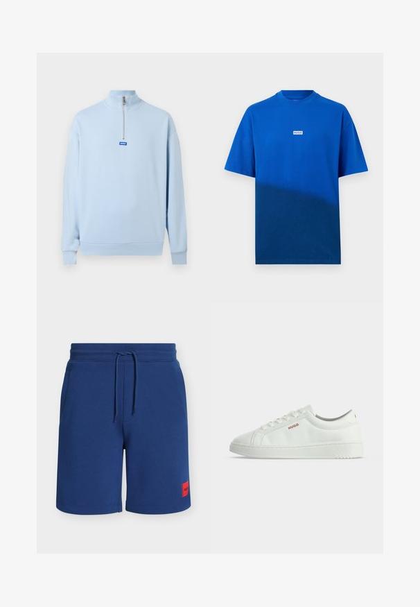 Pull-over à manches longues bleu clair avec un col montant et une fermeture éclair à moitié sur le devant, arborant un petit logo bleu "HUGO" en dessous de la fermeture éclair.; T-shirt bleu à manches courtes avec col rond, arborant un petit logo rectangulaire blanc avec l'inscription "HUGO" centré sur la poitrine, sur un fond uni.; Shorts décontractés pour homme bleu marine avec taille élastique, cordon de serrage, poches latérales et petit écusson de marque rouge sur la jambe gauche.; Baskets basses blanches avec lacets et logo rouge "HUGO" sur le côté, sur un fond blanc uni.