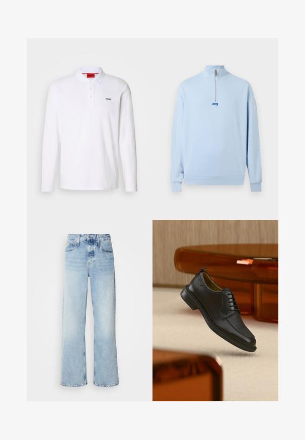 Sudadera azul claro de manga larga con cuello alto y cremallera frontal hasta la mitad, con un pequeño logotipo azul "HUGO" debajo de la cremallera.; Camisa polo blanca de manga larga hecha de algodón con cuello, tapeta de tres botones y el logo negro "HUGO" en el lado izquierdo del pecho.; Vaqueros de pierna ancha en azul claro con una alta cintura, que presentan un acabado desgastado, cinturillas y un clásico diseño de cinco bolsillos. El dobladillo es sin acabar.; Zapato de vestir negro de piel con cordones y parte delantera texturizada, flotando sobre una alfombra beige en una habitación moderna con muebles de tono ámbar.
