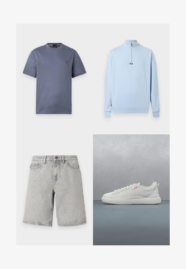Pull-over à manches longues bleu clair avec un col montant et une fermeture éclair à moitié sur le devant, arborant un petit logo bleu "HUGO" en dessous de la fermeture éclair.; T-shirt bleu-gris uni à manches courtes, col rond et petit logo circulaire sur le côté gauche de la poitrine.; Shorts en jean gris clair avec fermeture par bouton et fermeture éclair, passants pour ceinture et poches avant, présentés sur un fond blanc.; Sneaker blanche avec une finition en cuir lisse, bout rond, quatre œillets, perforations subtiles et un détail de logo rouge sur le côté.