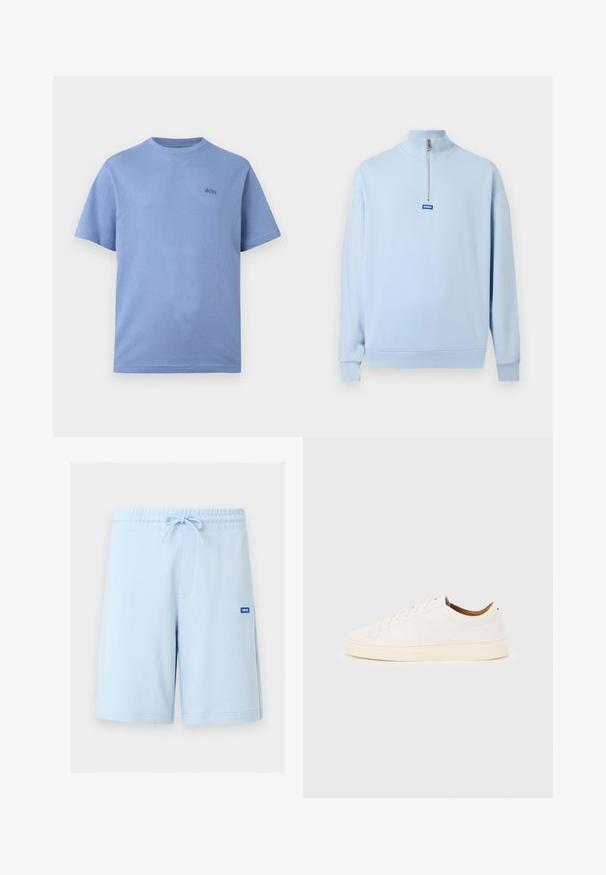 Pull-over à manches longues bleu clair avec un col montant et une fermeture éclair à moitié sur le devant, arborant un petit logo bleu "HUGO" en dessous de la fermeture éclair.; T-shirt bleu clair à manches courtes avec un tissu subtilement texturé et un petit logo "BOSS" brodé sur la poitrine gauche.; Shorts bleu clair longueur genou avec taille élastique et cordon, avec un petit logo bleu "Hugo" sur la cuisse droite.; Baskets blanches basses avec un design à lacets, des détails de couture minimalistes, et une semelle couleur crème sur un fond gris clair.