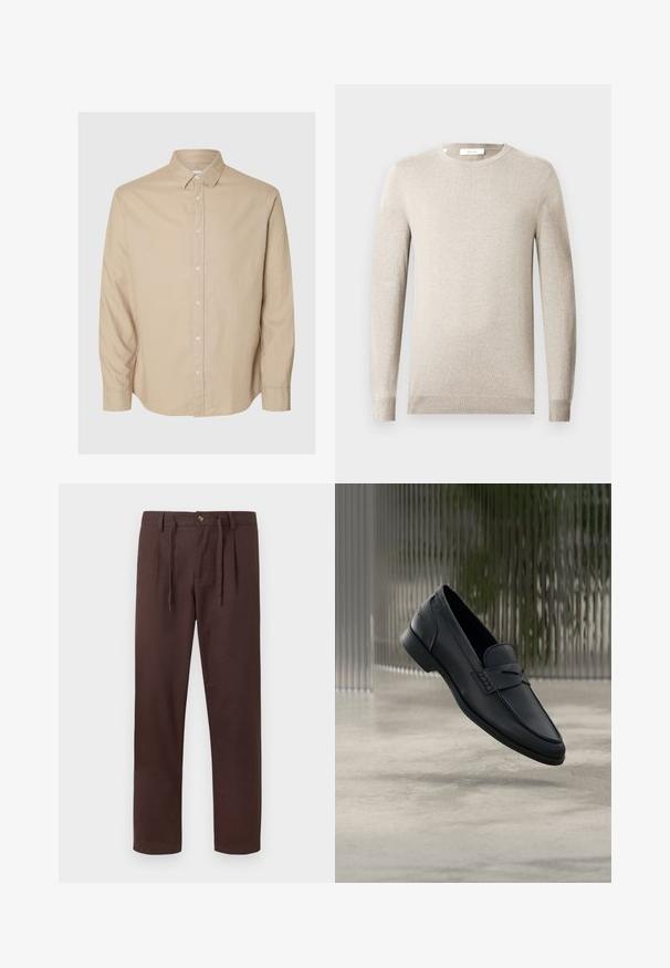 Beež pikkade varrukatega Ümar-kaelusega kampsun soonikkoes mansettide ja äärega, esitletud ühtlasel heledal taustal.; Selected Flannel - Pluus - pure cashmeredetail:mixed w. oatmeal; Pruunid sirge lõikega püksid, millel on vöökohal nööp, pael, vööaasad ja küljetaskud, valgel taustal.; Mustast nahast jalanõu, sileda viimistlusega, terava ninaga ja vändas nähtava õmblusega. Madal konts ja minimalistlik disain.