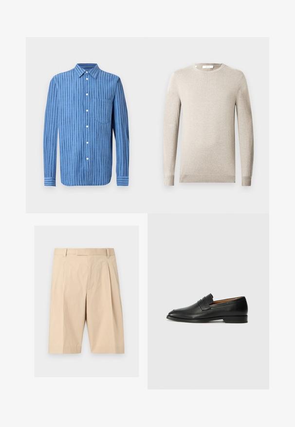 Beige langærmet crewneck-trøje med ribbet manchetter og kant, vist på en ensfarvet lys baggrund.; Blå langærmet skjorte med knapper og lodrette sorte striber samt en brystlomme foran, vist på en hvid baggrund.; Beige knælange skræddersyede shorts med bæltestropper, frontplisseringer og en skjult lynlåslukning foran.; Sort læder loafer med rund tå, diskret syning, og lav hæl, der har en glat tekstur og minimalistisk design.