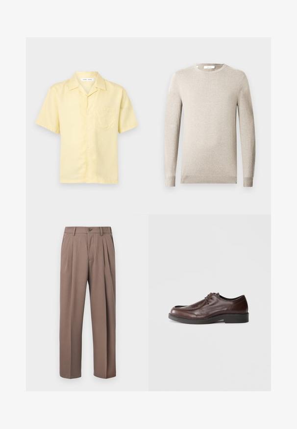 Pull beige à manches longues avec col rond, poignets et ourlet côtelés, présenté sur un fond clair uni.; Chemise à manches courtes jaune clair avec boutons, poche poitrine et col camp, présentée sur un fond blanc uni.; Pantalon plissé marron avec passants de ceinture, fermeture à boutons sur le devant et fermeture éclair, présenté sur un fond blanc.; Chaussure habillée en cuir marron avec un bout arrondi, des accents de couture minimum, et une semelle noire robuste. Présente un système de laçage et une texture lisse.