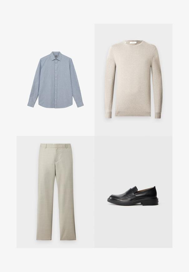 Beige langærmet crewneck-trøje med ribbet manchetter og kant, vist på en ensfarvet lys baggrund.; Mos Mosh Gallery Skjorter - light blue; Lyse beige bukser med lige ben, bæltestropper, lynlås foran og subtil tekstur på hvid baggrund.; Sorte læder slip-on dress sko med lav hæl og subtil Calvin Klein logo på siden, vist i profil på en hvid baggrund.