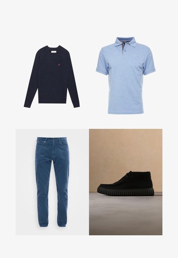 Pull en maille torsadée bleu marine avec manches longues, poignets et ourlet côtelés. Présente un petit logo rouge sur la zone gauche de la poitrine.; Polo en coton bleu clair, avec un col à trois boutons et un logo discret sur la poitrine. Manches courtes avec des bords côtelés.; Pantalons en velours côtelé bleu ajustés pour homme, avec poches avant, fermeture à bouton et passants de ceinture sur un fond clair.; Bottes de cheville noires en matériau doux, avec un bout rond, un lacet minimal, et une semelle en caoutchouc texturée comportant des rainures verticales.