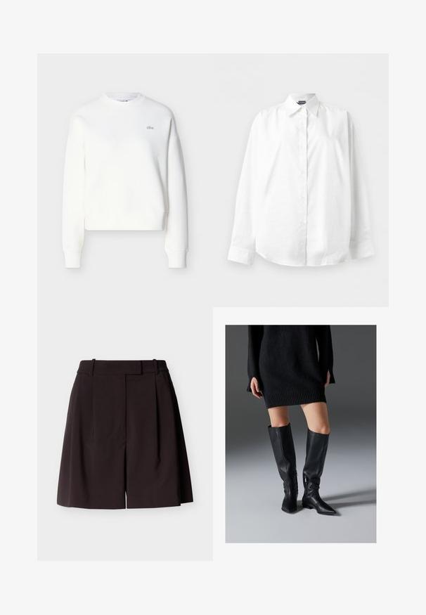 Hvid cropped sweatshirt med rund halsudskæring, løs pasform og diskret logobroderi på brystet. Fremstillet af blødt, tekstureret stof.; Hvid, langærmet skjorte med knapper og spids krave, vist fladt mod en ensfarvet hvid baggrund.; Mørkebrune højttaljede shorts med bæltestropper, lynlås foran, folder og en let udvidet kant mod en lys baggrund.; Sorte læderstøvler over knæet med spidse tæer, flade såler og lynlåse i siden. Glat tekstur, elegant design uden pynt.