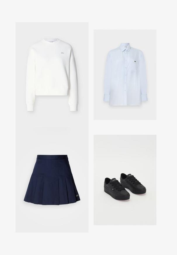 Sudadera blanca corta con cuello redondo, corte relajado y bordado sutil del logo en el pecho. Hecha de tela suave y texturizada.; Camisa de manga larga azul claro con botones, bolsillo en el pecho y pequeño logo verde de cocodrilo en el bolsillo.; Falda plisada azul marino con una cintura ajustada, fabricada con una tela suave. Presenta un pequeño logotipo de Lacoste en el dobladillo.; Zapatillas bajas negras de material suave, con cordones gruesos, una suela texturizada y un pequeño logo en el lateral y la lengüeta.
