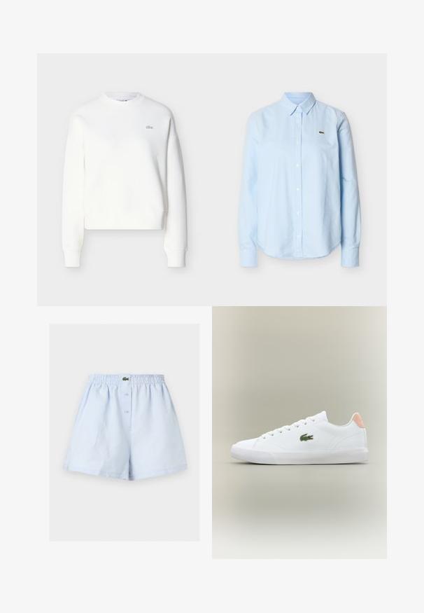 Sweat-shirt court blanc avec encolure ras du cou, coupe décontractée et broderie discrète du logo sur la poitrine. Confectionné en tissu doux et texturé.; Chemise bleu clair à manches longues, boutonnée, avec col et petit logo de crocodile vert sur le côté gauche de la poitrine.; Boxer homme bleu clair avec ceinture élastique, fermeture avant à boutons et petit logo crocodile vert au centre.; Baskets blanches à lacets avec un extérieur en cuir lisse, un embout texturé et un logo brodé vert ; dotées d'un accent rose à l'arrière.
