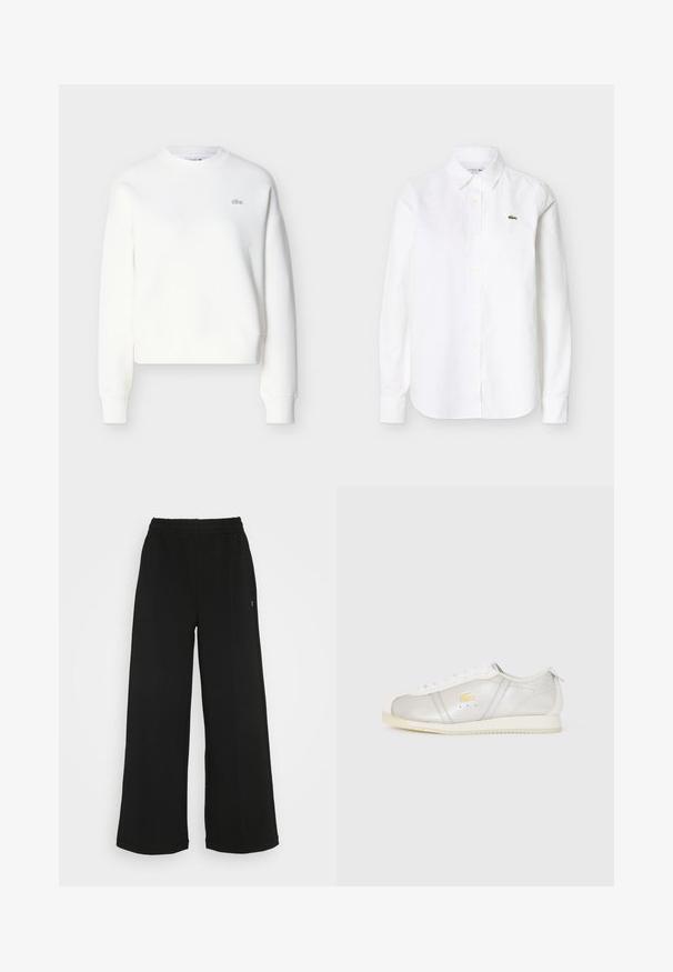 Witte cropped sweatshirt met een ronde hals, een losse pasvorm en een subtiele logo-borduursel op de borst. Gemaakt van zachte, gestructureerde stof.; Wit overhemd met lange mouwen en knopen, voorzien van een kraag en een klein groen krokodillenlogo op de linkerborst.; Zwarte wijde broek met een elastische tailleband. Gemaakt van een zachte, lichte stof. Heeft verticale naden aan de voorkant.; Witte leren sneakers met beige zool, witte veters en een klein geel krokodillenlogo aan de zijkant.