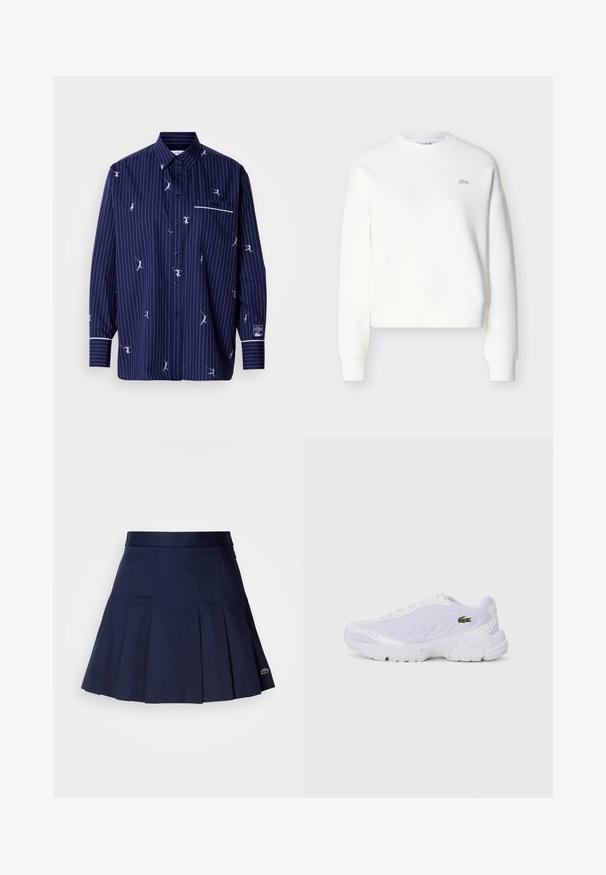 Sweat-shirt court blanc avec encolure ras du cou, coupe décontractée et broderie discrète du logo sur la poitrine. Confectionné en tissu doux et texturé.; Chemise bleu marine à boutons avec rayures blanches et figures brodées ludiques. Comprend une poche appliquée et un bord contrastant blanc sur les poignets.; Jupe plissée bleu marine avec une taille ajustée, fabriquée à partir d'un tissu lisse. Présente un petit logo Lacoste sur l'ourlet.; Baskets blanches de sport avec dessus en maille, design texturé et col rembourré. Présente un logo vert sur le côté et une semelle rembourrée pour le confort.