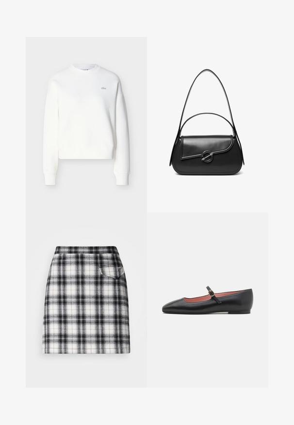 Hvid cropped sweatshirt med rund halsudskæring, løs pasform og diskret logobroderi på brystet. Fremstillet af blødt, tekstureret stof.; Skørt i tern har et sort og hvidt mønster med en tætsiddende pasform, lige snit og en lille baglomme for detaljer. Fremstillet af vævet stof.; Sorte lædersandaler med spids tå og ankelrem, der har en gylden spænde. Glat tekstur med en let blank finish.; Sort skuldertaske i læder med en buet klap, der er fastgjort med en rund metal spænde, og en slank, justerbar rem.