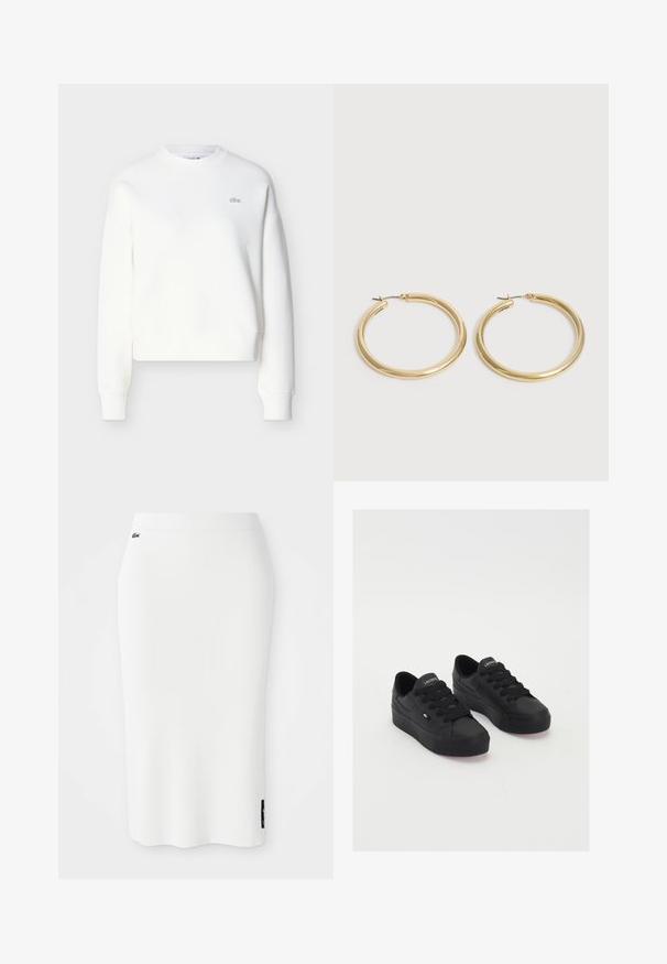 Witte cropped sweatshirt met een ronde hals, een losse pasvorm en een subtiele logo-borduursel op de borst. Gemaakt van zachte, gestructureerde stof.; Witte geribbelde midi-rok met een strakke pasvorm. Heeft een zwart merketiket aan de zijkant. Het materiaal heeft een gladde textuur en een elastische tailleband.; Zwarte low-top sneakers van glad materiaal, met dikke veters, een gestructureerde zool en een klein logo aan de zijkant en op de tong.; Een paar gladde, glanzende gouden creooloorbellen met dunne pennen en scharnierende sluitingen op een eenvoudige lichte achtergrond.