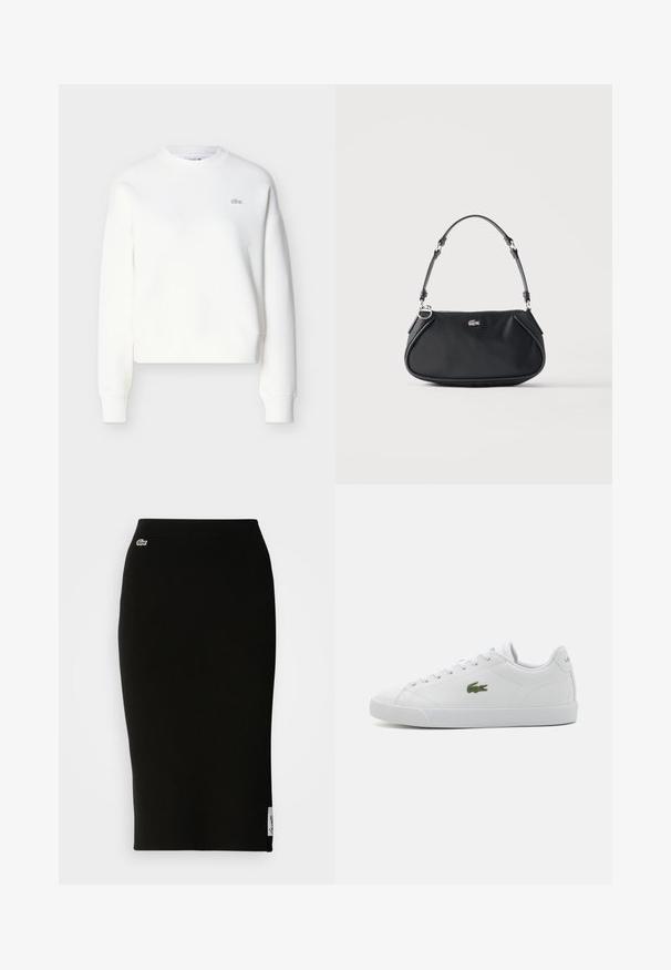 Witte cropped sweatshirt met een ronde hals, een losse pasvorm en een subtiele logo-borduursel op de borst. Gemaakt van zachte, gestructureerde stof.; Zwarte geribbelde gebreide midi-rok met een nauwsluitende silhouet. Kleine Lacoste-logo detail op de tailleband, met een gladde textuur.; Witte leren sneaker met een ronde neus, vetersluiting, groen geborduurd krokodillenlogo en een geg textured rubberen zool.; Zwarte schoudertas met verstelbare riem, ritssluiting en klein zilverkleurig krokodillenlogo aan de voorkant in het midden.