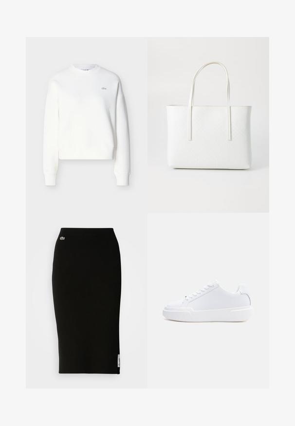Witte cropped sweatshirt met een ronde hals, een losse pasvorm en een subtiele logo-borduursel op de borst. Gemaakt van zachte, gestructureerde stof.; Zwarte geribbelde gebreide midi-rok met een nauwsluitende silhouet. Kleine Lacoste-logo detail op de tailleband, met een gladde textuur.; Witte lage sneaker met vetersluiting, dikke zool en glad bovenwerk, gezien vanaf de buitenkant tegen een effen lichte achtergrond.; Witte totebag met subtiel diamanten geometrisch patroon en dubbele schouderbanden tegen een effen lichte achtergrond.