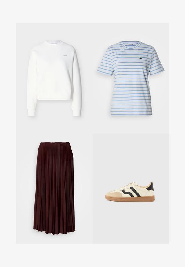 Hvid cropped sweatshirt med rund halsudskæring, løs pasform og diskret logobroderi på brystet. Fremstillet af blødt, tekstureret stof.; Kortærmet t-shirt i lyseblå med horisontale striber i gul og hvid. Har en lille grøn logo på brystet. Bomuldsstof.; Bordeaux plisseret nederdel lavet af blødt stof med en elastisk talje og et diskret logo. Hel længde design med lodrette plisseringer.; Snørestøvler med en cremefarvet overdel med sorte striber og en ruskindsnæsetip, suppleret med en brun gummisål.