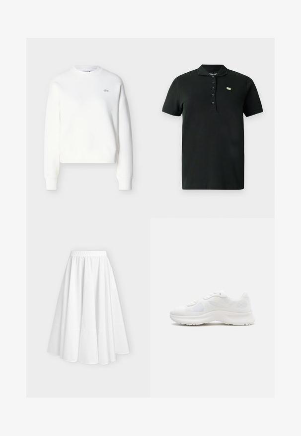 Sweat-shirt court blanc avec encolure ras du cou, coupe décontractée et broderie discrète du logo sur la poitrine. Confectionné en tissu doux et texturé.; Polo noir en tissu doux ; présente un col, des manches courtes, une patte de boutonnage à six boutons et un petit logo vert sur la poitrine.; Jupe blanche longueur cheville avec taille élastique froncée et silhouette évasée et volumineuse sur fond uni.; Baskets blanches basses de sport avec tige en tissu mesh et texturé, semelle rembourrée et fermeture à lacets vues de profil.