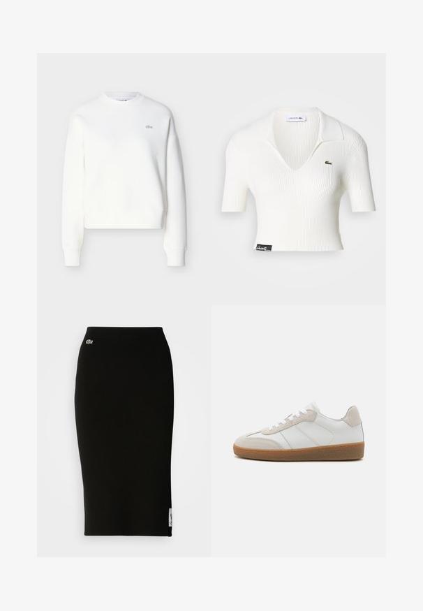 Witte cropped sweatshirt met een ronde hals, een losse pasvorm en een subtiele logo-borduursel op de borst. Gemaakt van zachte, gestructureerde stof.; Witte geribbelde cropped polo met een V-hals, korte mouwen en een groen Lacoste krokodil logo op de linkerborst. Zwart label aan de zoom.; Zwarte geribbelde gebreide midi-rok met een nauwsluitende silhouet. Kleine Lacoste-logo detail op de tailleband, met een gladde textuur.; Witte leren sneakers met beige suède accenten, een gestructureerde tong en een rubberen zool. Voorzien van witte veters en subtiele gestikte details.