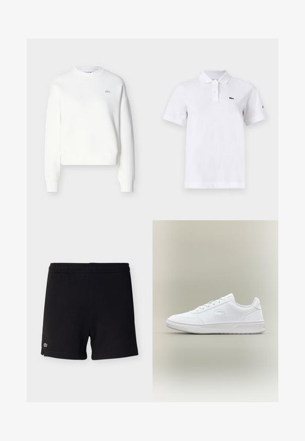 Sweat-shirt court blanc avec encolure ras du cou, coupe décontractée et broderie discrète du logo sur la poitrine. Confectionné en tissu doux et texturé.; Polo blanc à manches courtes avec deux boutons, un petit logo crocodile vert sur la poitrine gauche et un logo noir discret sur la manche gauche.; Shorts en coton noirs avec ceinture élastique et petit logo crocodile vert sur l'ourlet inférieur gauche.; Baskets blanches avec un matériau lisse, bout rond, système de laçage, détail de logo discret sur le côté et semelle texturée.