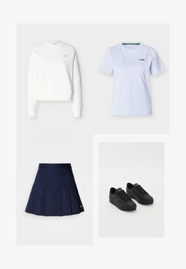 Sudadera blanca corta con cuello redondo, corte relajado y bordado sutil del logo en el pecho. Hecha de tela suave y texturizada.; Camiseta blanca de manga corta con cuello redondo y pequeño logo verde de Lacoste bordado en el pecho izquierdo.; Falda plisada azul marino con una cintura ajustada, fabricada con una tela suave. Presenta un pequeño logotipo de Lacoste en el dobladillo.; Zapatillas bajas negras de material suave, con cordones gruesos, una suela texturizada y un pequeño logo en el lateral y la lengüeta.