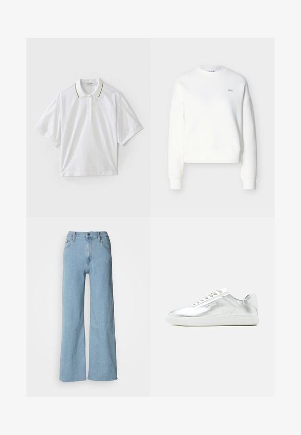 Sudadera blanca corta con cuello redondo, corte relajado y bordado sutil del logo en el pecho. Hecha de tela suave y texturizada.; Camisa polo blanca de manga corta, con un tapeta abotonada, acentos en el cuello en verde y amarillo, y detalles de malla en los laterales. Logo de LACOSTE presente.; Vaqueros de pierna ancha en azul claro, fabricados en denim, con una cintura ajustada, diseño de cinco bolsillos y sutiles detalles de costura.; Zapatilla baja metálica plateada con suela y cordones blancos, textura suave y discreto logotipo en relieve en el lateral.