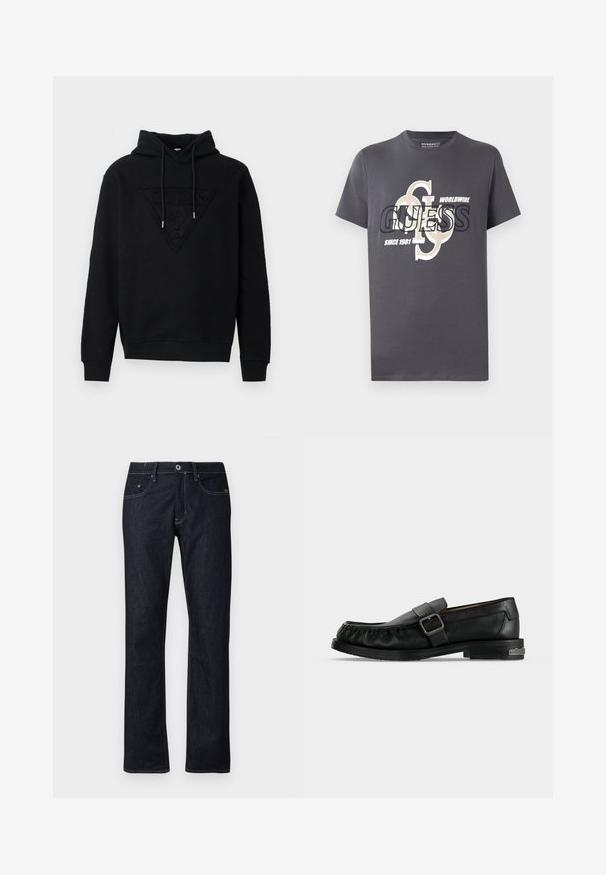 Sudadera negra de tejido suave, con un diseño de logo triangular en relieve en el frontal y cordones ajustables en el cuello.; Camiseta de algodón gris con mangas cortas que presenta una gran impresión gráfica en negro y beige, incluyendo el texto "GUESS", "WORLDWIDE" y "SINCE 1981."; Jeans de mezclilla azul oscuro con un diseño de pierna recta, que cuentan con un estilo estándar de cinco bolsillos y costuras en contraste con un cierre de botón.; Mocasín negro de cuero con una correa de hebilla, detalles cosidos alrededor de la puntera y un tacón bajo con un detalle metálico.