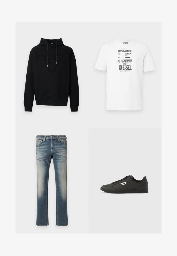 Schwarzer Hoodie aus weichem Stoff, mit einem dreieckigen, geprägten Logo-Design auf der Vorderseite und verstellbaren Kordeln am Hals.; Weißes Diesel T-Shirt mit kurzen Ärmeln, schwarzem und weißem grafischem Text und Logo auf der Vorderseite, rundem Ausschnitt und rotem Logoschild an der Seitennaht.; Hellblaue Denim-Jeans mit Ausbleichungen, geradem Schnitt, fünf Taschen und Metallakzenten. Maschinen genäht mit einer weichen Textur.; Schwarze Sneakers aus synthetischem Material mit einer strukturierten schwarzen Sohle, rundem Zehenbereich und flachen schwarzen Schnürsenkeln. Auffälliges weißes Logo auf der Außenseite.