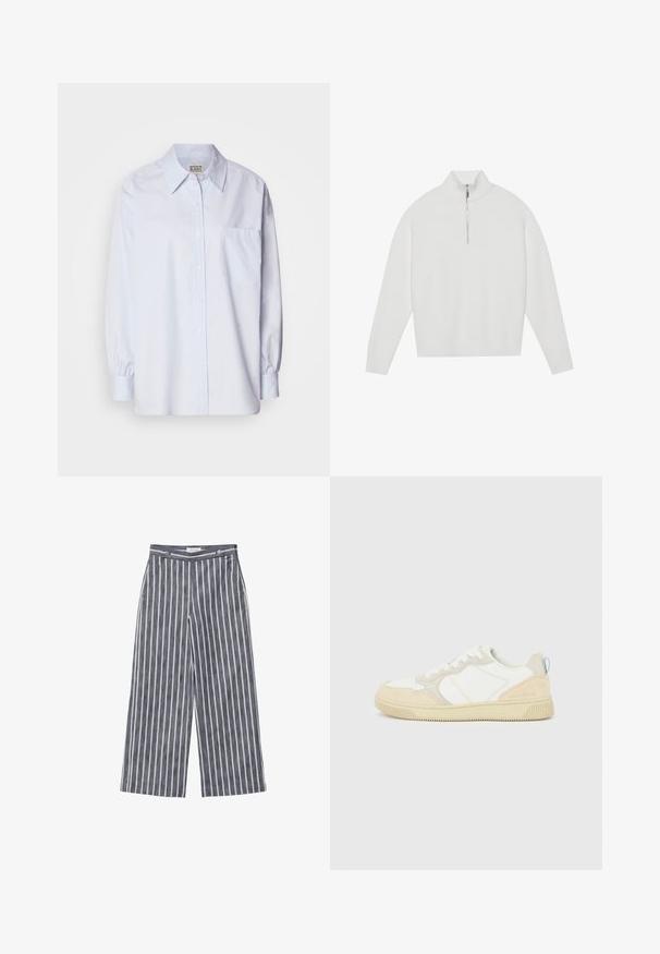Witte geribde trui met een hoge kraag, kwart-rits aan de voorkant en lange mouwen. Zachte textuur, relaxte pasvorm en subtiel breipatroon.; Lichtblauw button-up shirt van katoen. Heeft een puntige kraag, lange mouwen en een enkele borstzak. Zachte textuur.; Zwarte broek met wijde pijpen in navy linnen met witte verticale strepen, voorzien van twee voorzakken en een knoopsluiting in de taille.; Witte en beige sneaker met een bovenwerk van suède en textiel, voorzien van contrasterende stiksels, een rubberen zool en een lichtblauwe accenten op de hiel.