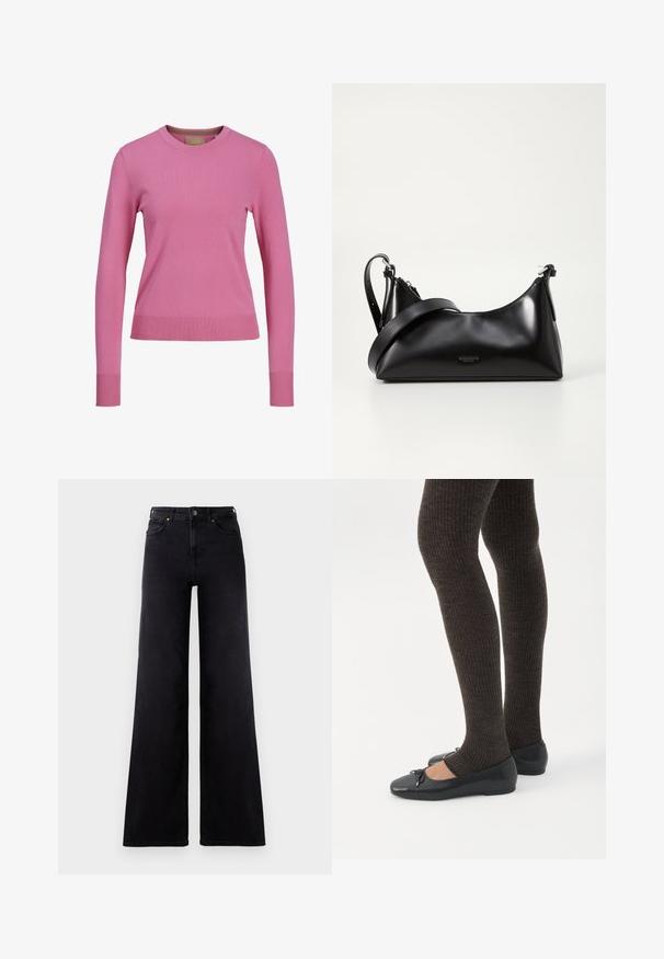 Langærmet lyserød sweatshirt med rund hals og ribbede manchetter og kant, præsenteret mod en hvid baggrund.; Højtaljede sorte wide-leg jeans med frontlommer, bælteløkker og knappelukning.; Ben iført mørke ribbede leggings kombineret med sorte balletsko med små sløjfedetaljer på hvid baggrund.; Sort læderhåndtaske med en glat tekstur. Har en justerbar stropp og et enkelt, minimalistisk design med lynlås.