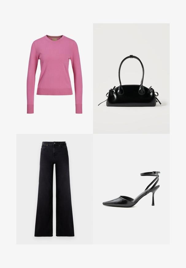 Langærmet lyserød sweatshirt med rund hals og ribbede manchetter og kant, præsenteret mod en hvid baggrund.; Højtaljede sorte wide-leg jeans med frontlommer, bælteløkker og knappelukning.; Sort spids højhælet sko med tynde ankelremme og sølvspænde på en ensfarvet lys baggrund.; Lille sort blank håndtaske med to lange håndtag og snøre-detaljer i siden på en ensfarvet lys baggrund.