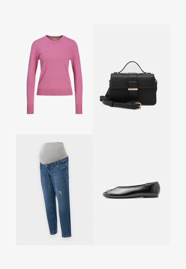 Lange mouw roze trui met ronde hals en geribde mouwen en zoom, weergegeven tegen een witte achtergrond.; Zwangere jeans in een middelgrote wassing van blauwe denim. Beschikt over een grijze elastische tailleband, vijf zakken en lichte slijtage details aan de voorkant.; Zwarte plat leren schoen met een ronde gouden gesp op de neus, gezien vanaf de zijkant tegen een effen witte achtergrond.; Zwarte leren handtas met gouden metalen accenten, rechthoekige vorm, flapsluiting, verstelbare schouderriem, soepele textuur, minimalistisch design.