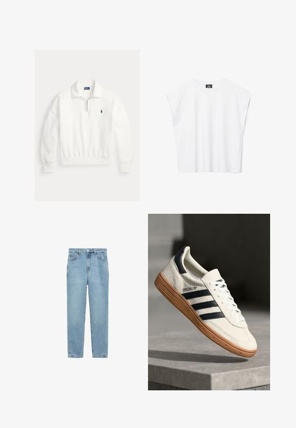 Biely pulóver s dlhým rukávom, štvrťzipsom a golierom, s malým tmavomodrým vyšívaným logom Polo Ralph Lauren na ľavej strane hrudníka.; Biely bezrukávový crop top s okrúhlym výstrihom, širokými ramenami a čiernou nášivkou "B6" vo vnútri goliera.; Svetlo modré džínsy s rovnými nohavicami, piatimi vreckami a zapínaním na gombíky. Materiál má mäkký, textúrovaný povrch.; Biele semišové tenisky s námorníckymi pruhmi, gumovou podrážkou, textúrovaným zvrškom, okrúhlou špičkou a šnurovaním; obsahujú označenie na boku a jazyku.