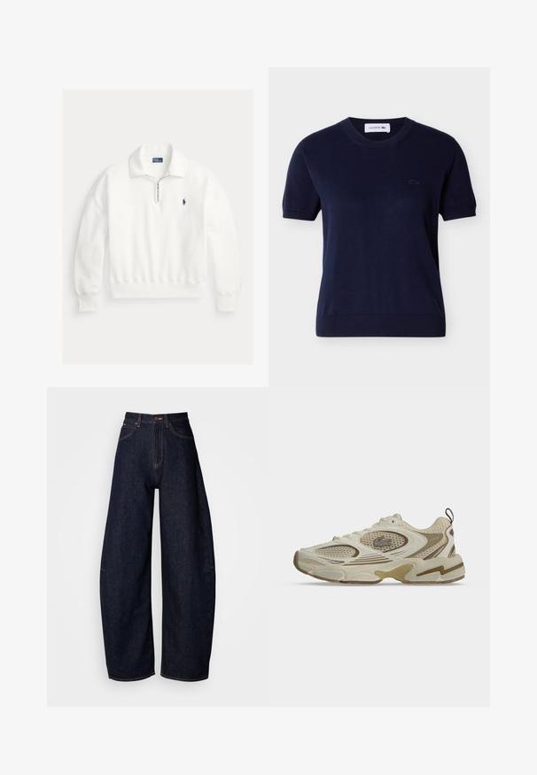 Biely pulóver s dlhým rukávom, štvrťzipsom a golierom, s malým tmavomodrým vyšívaným logom Polo Ralph Lauren na ľavej strane hrudníka.; Tmavomodrý pletený top s krátkym rukávom, okrúhlym výstrihom, rebrovanými lemami a malým vyšívaným logom Lacoste na ľavej strane hrude.; Tmavomodré džínsy s širokými nohavicami, vyrobené z denimu, s vysokým pásom, straight cut, dizajnom s piatimi vreckami a kontrastným šitím.; Béžovo-krémová objemná teniska s sieťovinovými panelmi, textúrovanou podrážkou, šnurovacím dizajnom a malým krokodílím logom na boku.