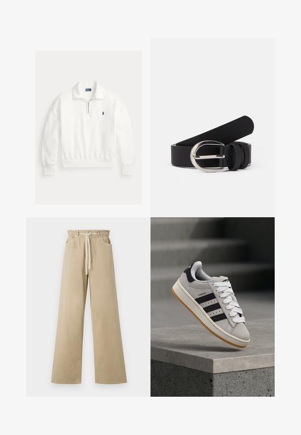 Hvid langærmet pullover med kvart lynlås og krave, med lille marineblåt broderet Polo Ralph Lauren logo på venstre bryst.; Beige viddebenede bukser lavet af bomuld med elastisk talje og snøre. Har to sidelommer og en glat tekstur.; Grå Adidas Campus-sneaker med sorte striber og hvide snørebånd, der svæver over en betonkant med trapper i baggrunden.; Sort læderbælte med en glat overflade, der har en sølvfarvet metalspænde og enkle løb-accenter. Designet er elegant og minimalistisk.