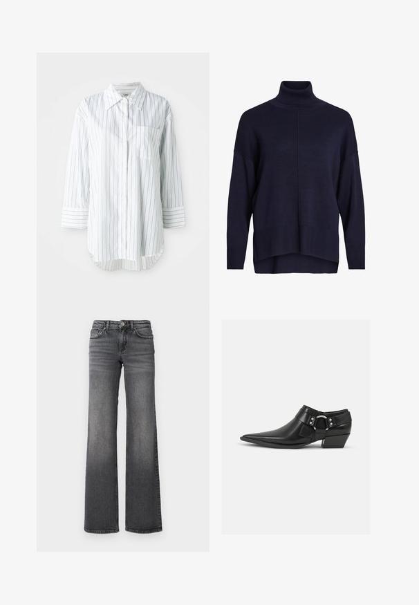 Pull à col roulé bleu marine avec une coupe décontractée, poignets et ourlet côtelés, présentant un détail de couture centrale et une texture douce.; Chemise blanche à manches longues avec des fines rayures verticales noires, une poche sur la poitrine gauche et un col pointu.; Jean en denim gris foncé à jambe droite avec une légère décoloration sur les cuisses et un design standard à cinq poches sur fond blanc.; Bottines en cuir noir avec un bout pointu, présentant une sangle en cuir à l'avant et un détail de boucle en argent, ainsi qu'un petit talon carré.