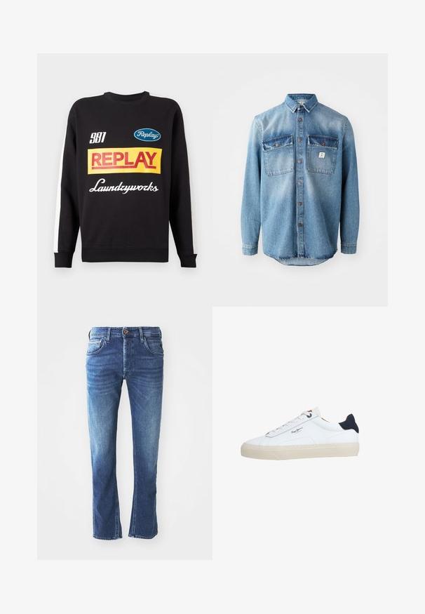 Schwarzer Rundhalspullover mit weißen Streifen an den Ärmeln, auf der Vorderseite mit mehrfarbigen "Replay"- und "Laundryworks"-Textlogos versehen.; Hellblaues Jeanshemd mit langen Ärmeln, zwei Brusttaschen, durchgehender Knopfleiste und kontrastierenden, dunkleren Taschenoberteilen. verfügt über einen abgerundeten Saum.; Dunkelblaue Jeans aus Denim mit geradem Bein, ausgestattet mit fünf Taschen, einem braunen Knopfverschluss und dezenten hellen Verfärbungen an den Oberschenkeln.; Weißer Sneaker in niedriger Schnittform mit beiger Sohle, weißen Schnürsenkeln, schwarzem Fersenlasche und dem "Pepe Jeans London"-Logo an der Seite.