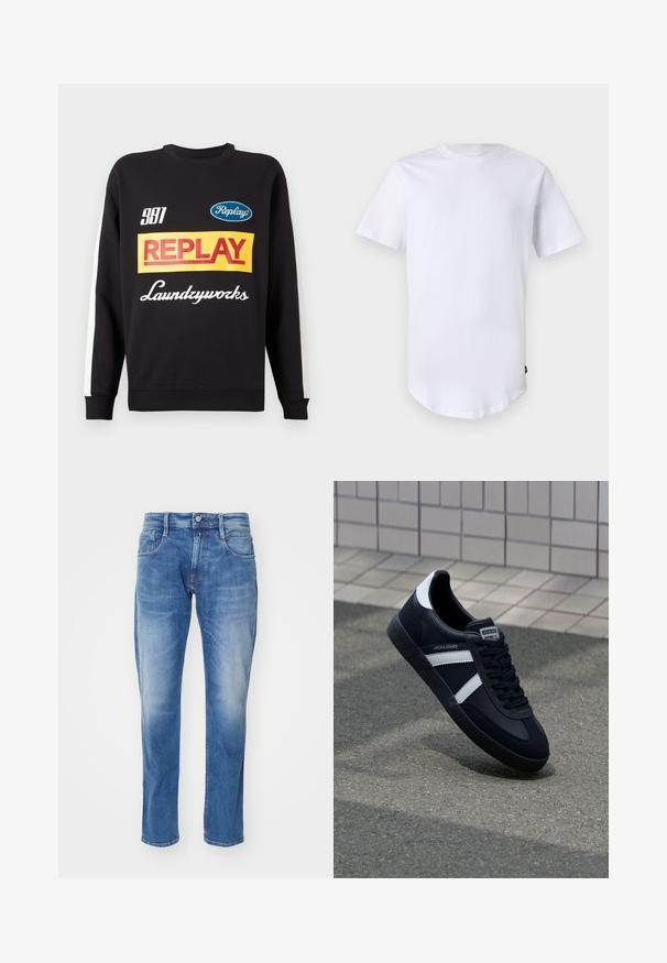 Schwarzer Rundhalspullover mit weißen Streifen an den Ärmeln, auf der Vorderseite mit mehrfarbigen "Replay"- und "Laundryworks"-Textlogos versehen.; Weißes T-Shirt mit kurzen Ärmeln aus Baumwolle. Rundhalsausschnitt mit abgerundetem Saum. Etikett auf der unteren linken Seite sichtbar. Glatte Textur.; Hellblaue Jeans aus Denim mit geradem Bein, fünf Taschen, dezentem Verblassen und einem normalen Bund mit Knopfverschluss.; Schwarze Leder-Sneaker mit weißen Streifen, strukturiertem Gummisohle und Schnürung. Verfügt über ein Markenetikett auf der Zunge.