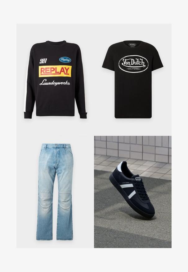 Musternud mustri sweat-pullover must sisaldab valgeid triibusid varrukatel, ees on mitmevärviline "Replay" ja "Laundryworks" tekstilogo.; Must lühikeste varrukatega T-särk, millel on valge "Von Dutch California" ovaalse logo rinnal, ümara kaelusega.; Heledad sinine, kõrge vööga sirge lõikega teksad, millel on põlvekohad ja pleekinud tekstuur. Vöökoha metallist nööbikinnitus.; Must have musta sneaker musta valgete triipudega, tekstuurne kummitald ja nööridega esiosa. Omab bränditud märki keele peal.