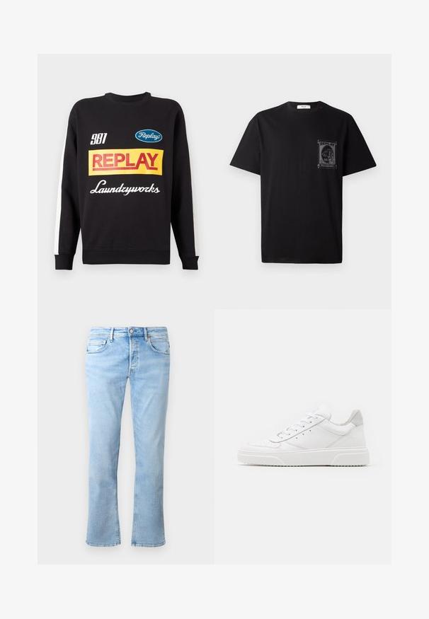 Zwarte crewneck sweatshirt met witte strepen op de mouwen, voorzien van kleurrijke "Replay" en "Laundryworks" tekstlogo's aan de voorkant.; Zwarte katoenen t-shirt met korte mouwen, voorzien van een grafische print op de linkerborst en een kleine rode accent nabij de halslijn.; Lichtblauwe jeans van denim hebben een recht model, vijf zakken en een knoopsluiting. De stof heeft een zachte textuur met vervaagde accenten.; Witte leren sneakers met een gladde afwerking, ronde neus, platte veters en een gestructureerde zool. Grijze suède accent bij de hiel.