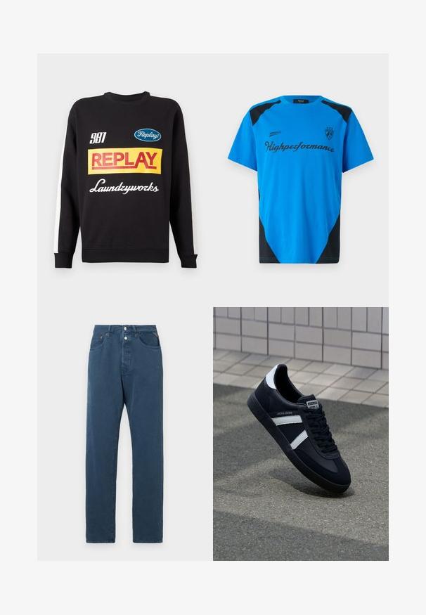Zwarte crewneck sweatshirt met witte strepen op de mouwen, voorzien van kleurrijke "Replay" en "Laundryworks" tekstlogo's aan de voorkant.; Replay SHORT SLEEVE GRAPHIC - T-shirt print - azzurro; Blauwe jeans met een rechte pasvorm, met een hoge taille, twee voorkanten zakken en een knoopsluiting. De stof lijkt glad en eenvoudig.; Zwarte leren sneaker met witte strepen, een gestructureerde rubberen zool en vetersluiting aan de voorkant. Voorzien van een merklabel op de tong.