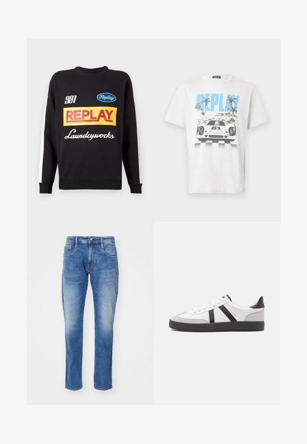 Zwarte crewneck sweatshirt met witte strepen op de mouwen, voorzien van kleurrijke "Replay" en "Laundryworks" tekstlogo's aan de voorkant.; Wit katoenen T-shirt met een kleurrijke afbeelding van een raceauto, palmbomen en geruite vlaggen, met duidelijk de tekst "REPLAY".; Lichtblauwe denim jeans met een rechte pasvorm, vijf-pocket ontwerp, subtiele vervaging en een standaard tailleband met knoopsluiting.; Witte sneaker met zwarte en grijze accenten, voorzien van een grijze neus met textuur, zwarte rubberen zool en platte witte veters. Schoon ontwerp, minimalistische stijl.