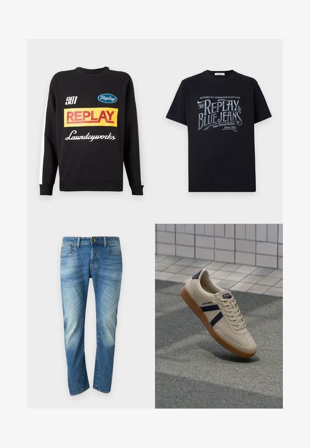 Schwarzer Rundhalspullover mit weißen Streifen an den Ärmeln, auf der Vorderseite mit mehrfarbigen "Replay"- und "Laundryworks"-Textlogos versehen.; Schwarzes Baumwoll-T-Shirt mit kurzen Ärmeln und rundem Halsausschnitt, mit einem grafischen Textdesign im Vintage-Stil in Weiß und hellblau auf der Vorderseite.; Blaue ausgewaschene gerade Jeans mit fünf Taschen, Knopfverschluss und sichtbaren Nahtdetails auf der Vorderseite.; Beige Sneaker mit strukturierter Oberfläche, dunkelblauen Streifen und Gummisohle. Verfügt über eine gepolsterte Zunge und ein traditionelles Schnürsystem für einen sicheren Sitz.
