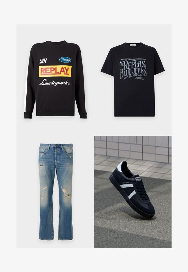 Schwarzer Rundhalspullover mit weißen Streifen an den Ärmeln, auf der Vorderseite mit mehrfarbigen "Replay"- und "Laundryworks"-Textlogos versehen.; Schwarzes Baumwoll-T-Shirt mit kurzen Ärmeln und rundem Halsausschnitt, mit einem grafischen Textdesign im Vintage-Stil in Weiß und hellblau auf der Vorderseite.; Hellblaue Denim-Jeans mit einer lockeren Passform, die verwaschene Details und fransige Patches aufweisen, mit dem klassischen Fünf-Taschen-Design und einem Knopfverschluss.; Schwarze Leder-Sneaker mit weißen Streifen, strukturiertem Gummisohle und Schnürung. Verfügt über ein Markenetikett auf der Zunge.
