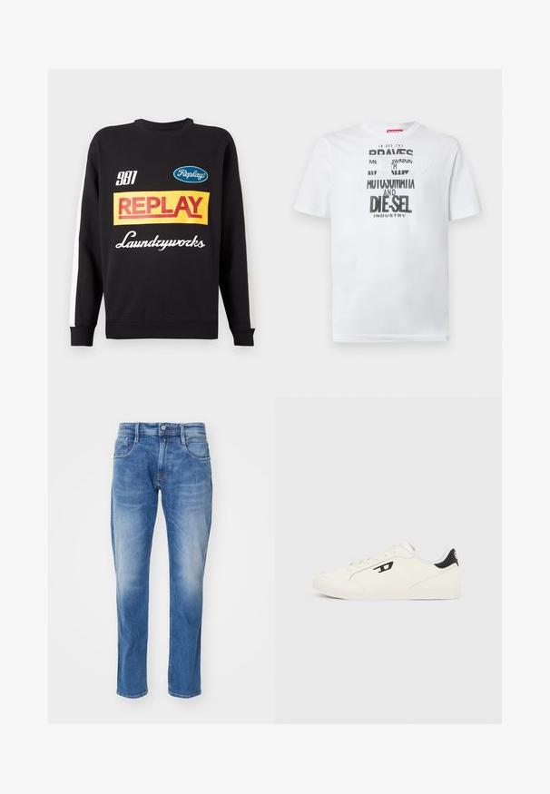 Sort crewneck sweatshirt med hvide striber på ærmerne, med flerfarvede "Replay" og "Laundryworks" tekstlogoer på fronten.; Hvid bomulds-T-shirt med fed sort typografi med ordene "BRAVES" og "DIE-SEL INDUSTRY" samt et semi-transparent udskåret design.; Lys blå denim jeans med lige ben, fem-lomme design, subtil falmning, og en standart talje med knaplukning.; Hvide sneakers med en tekstureret overdel, der har sorte accenter på hælen og et logo på siden. Snøret design og gummisål.