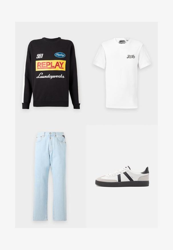 Sweat-shirt noir à col rond avec des rayures blanches sur les manches, présentant des logos de texte multicolores "Replay" et "Laundryworks" sur le devant.; T-shirt blanc à manches courtes avec col rond et petit logo noir "Pepsi-Cola" sur la poitrine gauche et étiquette de marque dans le cou.; Jeans en denim bleu clair avec une coupe droite. Comprend une fermeture à bouton et à zip, cinq poches et des coutures contrastées.; Baskets blanches avec des accents noirs et gris, présentant un embout texturé gris, une semelle en caoutchouc noir et des lacets plats blancs. Design épuré, style minimaliste.