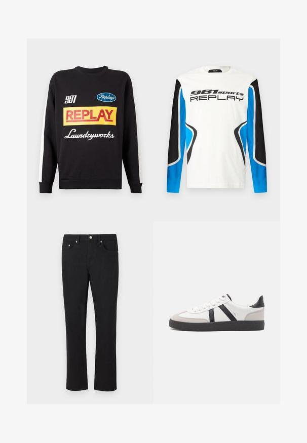 Schwarzer Rundhalspullover mit weißen Streifen an den Ärmeln, auf der Vorderseite mit mehrfarbigen "Replay"- und "Laundryworks"-Textlogos versehen.; Langarm-Sportshirt mit weißer Vorderseite, schwarzen und blauen Ärmeln und dem Aufdruck "981 sports REPLAY" auf der Brust.; Schwarze Jeans aus Denim mit geradem Bein-Design, ausgestattet mit fünf Taschen und silbernem Zubehör sowie einer glatten Textur. Keine Muster oder Akzente.; Weiße Sneaker mit schwarz- und grau-aczenten, ausgestattet mit einer strukturierten grauen Zehenkappe, schwarzer Gummi-Sohle und flachen weißen Schnürsenkeln. Sauberes Design, minimalistische Stil.