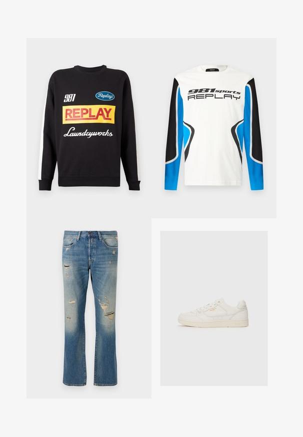 Schwarzer Rundhalspullover mit weißen Streifen an den Ärmeln, auf der Vorderseite mit mehrfarbigen "Replay"- und "Laundryworks"-Textlogos versehen.; Langarm-Sportshirt mit weißer Vorderseite, schwarzen und blauen Ärmeln und dem Aufdruck "981 sports REPLAY" auf der Brust.; Hellblaue Denim-Jeans mit einer lockeren Passform, die verwaschene Details und fransige Patches aufweisen, mit dem klassischen Fünf-Taschen-Design und einem Knopfverschluss.; Weiße Leder-Sneaker mit glatter Textur, versehen mit perforierten Akzenten, Schnürung an der Vorderseite und einem subtilen Logo in Gold an der Seite.