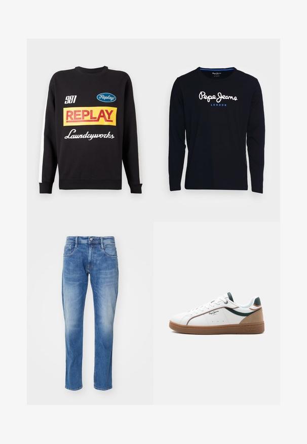 Schwarzer Rundhalspullover mit weißen Streifen an den Ärmeln, auf der Vorderseite mit mehrfarbigen "Replay"- und "Laundryworks"-Textlogos versehen.; Schwarzes Langarm-T-Shirt aus Baumwollstoff, mit dem weißen und blauen Logo-Text "Pepe Jeans London" centriert auf der Brust.; Hellblaue Jeans aus Denim mit geradem Bein, fünf Taschen, dezentem Verblassen und einem normalen Bund mit Knopfverschluss.; Weißer Sneaker mit niedriger Schafthöhe, brauner Sohle, grünen und beigen Akzenten, weißen Schnürsenkeln und dem Logo "Pepe Jeans London" an der Seite.
