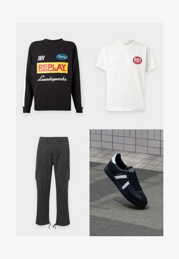 Zwarte crewneck sweatshirt met witte strepen op de mouwen, voorzien van kleurrijke "Replay" en "Laundryworks" tekstlogo's aan de voorkant.; Witte katoenen t-shirt met een ronde rode logo op de linkerborst met de tekst "981 REPLAY". Korte mouwen en een standaard pasvorm.; Zwarte cargobroek met twee zijzakken, verstelbare trekkoordmanchetten, een knoopsluiting en een gladde, duurzame stofstructuur.; Zwarte leren sneaker met witte strepen, een gestructureerde rubberen zool en vetersluiting aan de voorkant. Voorzien van een merklabel op de tong.